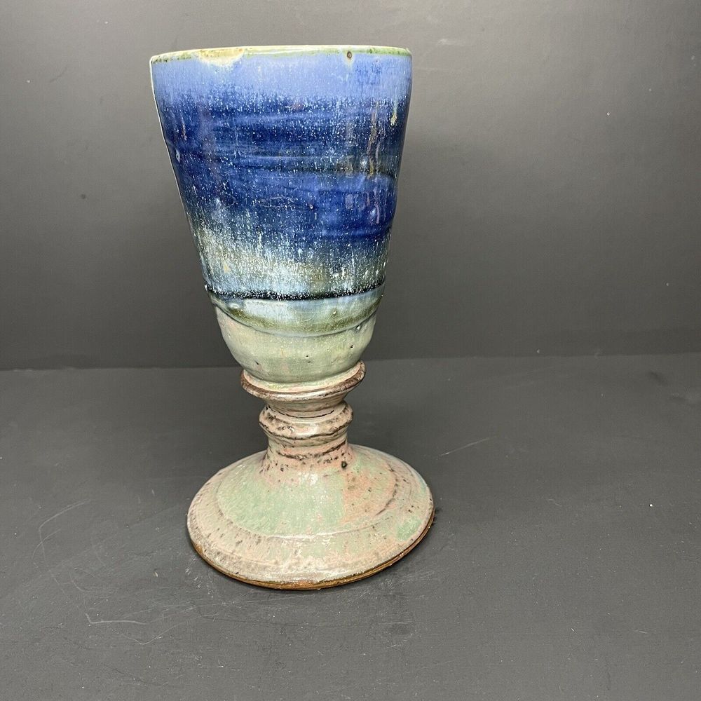 Vtg Hand Thrown Stoneware‎ STUDIO ART POTTERY  7" Wine Glass Goblet Blue Glazed - Picture 4 of 8